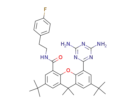 Molecular Structure of 347161-86-8 (2,7-di-tert-butyl-5-(4,6-diamino-[1.3.5]triazin-2-yl)-9,9-dimethyl-9H-xanthene-4-carboxylic acid [2-(4-fluorophenyl)ethyl]amide)