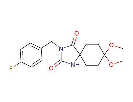Molecular Structure of 896473-04-4 (3-(4-fluoro-benzyl)-9,12-dioxa-1,3-diaza-dispiro[4.2.4.2]tetradecane-2,4-dione)