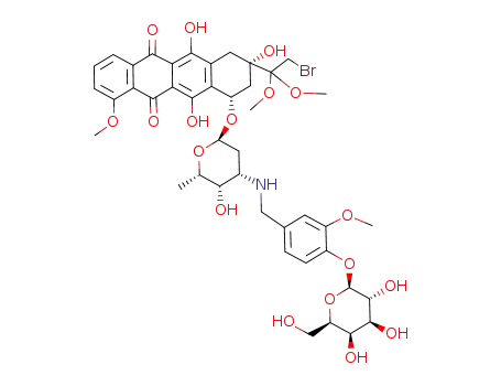 Molecular Structure of 596124-24-2 (8-(2-bromo-1,1-dimethoxy-ethyl)-6,8,11-trihydroxy-10-{5-hydroxy-4-[3-methoxy-4-(3,4,5-trihydroxy-6-hydroxymethyl-tetrahydro-pyran-2-yloxy)-benzylamino]-6-methyl-tetrahydro-pyran-2-yloxy}-1-methoxy-7,8,9,10-tetrahydro-naphthacene-5,12-dione)