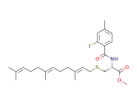Molecular Structure of 908855-97-0 ((R)-2-(2-Fluoro-4-methyl-benzoylamino)-3-((2E,6E)-3,7,11-trimethyl-dodeca-2,6,10-trienylsulfanyl)-propionic acid methyl ester)