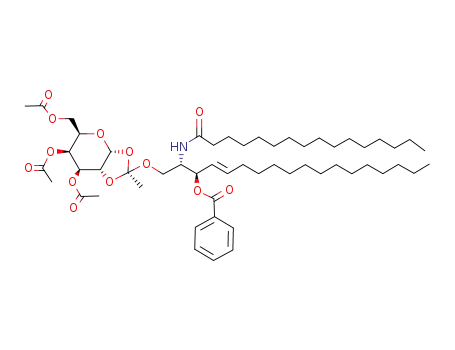 Molecular Structure of 124338-03-0 (Benzoic acid (E)-(R)-1-[(S)-2-((2S,3aR,5R,6S,7S,7aR)-6,7-diacetoxy-5-acetoxymethyl-2-methyl-tetrahydro-[1,3]dioxolo[4,5-b]pyran-2-yloxy)-1-hexadecanoylamino-ethyl]-hexadec-2-enyl ester)