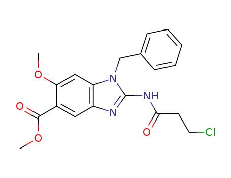 Molecular Structure of 89722-58-7 (1H-Benzimidazole-5-carboxylic acid,
2-[(3-chloro-1-oxopropyl)amino]-6-methoxy-1-(phenylmethyl)-, methyl
ester)