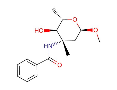 Molecular Structure of 74966-76-0 (N-((2S,3R,4S,6R)-3-Hydroxy-6-methoxy-2,4-dimethyl-tetrahydro-pyran-4-yl)-benzamide)