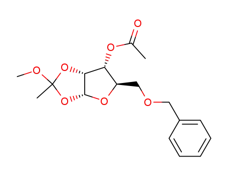 Molecular Structure of 118964-39-9 (Acetic acid (3aR,5R,6R,6aR)-5-benzyloxymethyl-2-methoxy-2-methyl-tetrahydro-furo[2,3-d][1,3]dioxol-6-yl ester)