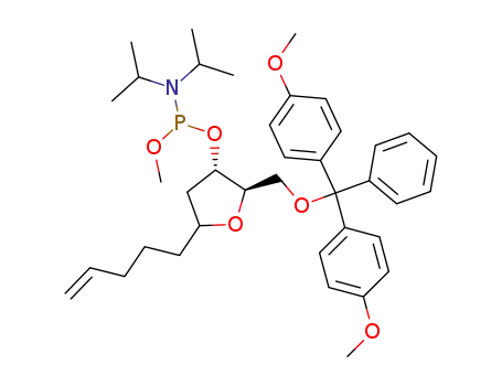 Molecular Structure of 132469-08-0 (Diisopropyl-phosphoramidous acid (2R,3S)-2-[bis-(4-methoxy-phenyl)-phenyl-methoxymethyl]-5-pent-4-enyl-tetrahydro-furan-3-yl ester methyl ester)