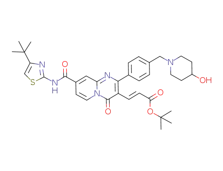Molecular Structure of 918308-84-6 (2-Propenoic acid,
3-[8-[[[4-(1,1-dimethylethyl)-2-thiazolyl]amino]carbonyl]-2-[4-[(4-hydroxy-
1-piperidinyl)methyl]phenyl]-4-oxo-4H-pyrido[1,2-a]pyrimidin-3-yl]-,
1,1-dimethylethyl ester, (2E)-)