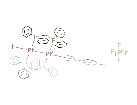 Pt<sub>2</sub>I(CH<sub>3</sub>C<sub>6</sub>H<sub>4</sub>NC)((C<sub>6</sub>H<sub>5</sub>)2PCH<sub>2</sub>P(C<sub>6</sub>H<sub>5</sub>)2)2<sup>(1+)</sup>*PF<sub>6</sub><sup>(1-)</sup>=(Pt<sub>2</sub>I(CH<sub>3</sub>C<sub>6</sub>H<sub>4</sub>NC)((C<sub>6</sub>H<sub>5</sub>)2PCH<sub>2</sub>P(C<sub>6</sub>H<sub>5</sub>)2)2)PF<sub>6</sub>