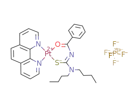 Molecular Structure of 206193-79-5 ((N-benzoyl-N',N'-di-n-butylthioureato-S,O)(1,10-phenanthroline)platinum(II) hexafluorophosphate)