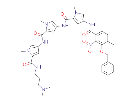 Molecular Structure of 760897-28-7 (N-<<2-<2-<2-(3-dimethylaminopropylcarbamoyl)-1-methyl-4-pyrrolylcarbamoyl>-1-methyl-4-pyrrolylcarbamoyl>-1-methyl-4-pyrrolyl>>-2-nitro-3-benzyloxy-4-methylbenzamide)