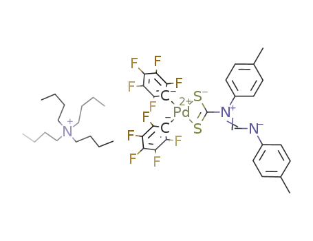 N(C<sub>4</sub>H<sub>9</sub>)4<sup>(1+)</sup>*[Pd(C<sub>6</sub>F<sub>5</sub>)2(S<sub>2</sub>CN(C<sub>6</sub>H<sub>4</sub>CH<sub>3</sub>)CHNC<sub>6</sub>H<sub>4</sub>CH<sub>3</sub>)]<sup>(1-)</sup>=[N(C<sub>4</sub>H<sub>9</sub>)4][Pd(C<sub>6</sub>F<sub>5</sub>)2(S<sub>2</sub>CN(C<sub>6</sub>H<sub>4</sub>CH<sub>3</sub>)CHNC<sub>6</sub>H<sub>4</sub>CH<sub>3</sub>)]
