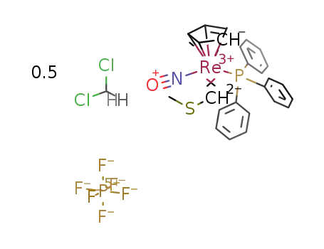(C<sub>5</sub>H<sub>5</sub>)Re(NO)(P(C<sub>6</sub>H<sub>5</sub>)3)(CHSCH<sub>3</sub>)<sup>(1+)</sup>*PF<sub>6</sub><sup>(1-)</sup>*0.5CH<sub>2</sub>Cl<sub>2</sub>=[(C<sub>5</sub>H<sub>5</sub>)Re(NO)(P(C<sub>6</sub>H<sub>5</sub>)3)(CHSCH<sub>3</sub>)]PF<sub>6</sub>*0.5CH<sub>2</sub>Cl<sub>2</sub>