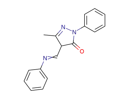 Molecular Structure of 59313-29-0 (3H-Pyrazol-3-one,
2,4-dihydro-5-methyl-2-phenyl-4-[(phenylimino)methyl]-)