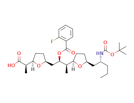 Molecular Structure of 1093402-68-6 ((2S,3R,6S,7S,8R,9R,10R,13S,15R)-15-tert-butyloxycarbonylamino-3,6:10,13-diepoxy-8-o-fluorobenzoyloxy-2,9-dimethyloctadecanoic acid)