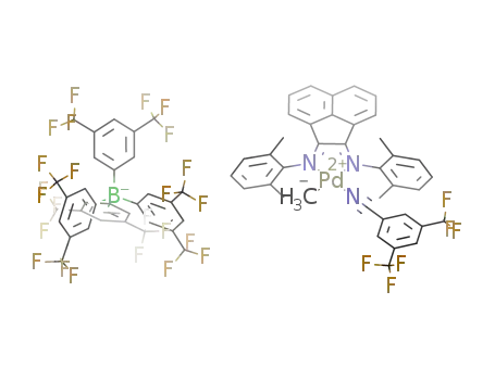 Molecular Structure of 851539-79-2 (N,N'-1,2-acenaphthylenediylidene bis(2,6-dimethyl aniline) palladium(II)(methyl)[(3,5-trifluoromethyl phenyl)cyanide] tetra(3,5-trifluoromethyl phenyl)borate)
