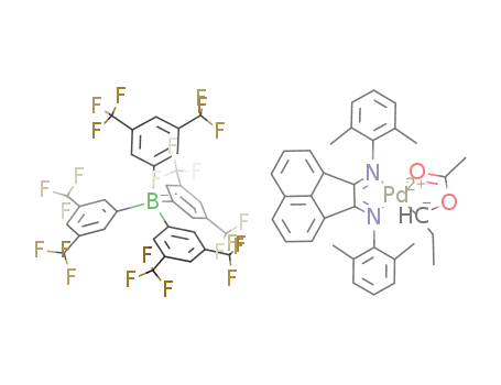 N,N'-1,2-acenaphthylenediylidene bis(2,6-dimethyl aniline) palladium(II)(methyl)(κ2-CH(OAc)Et) tetra(3,5-trifluoromethyl ph