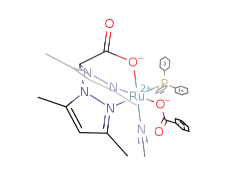 Molecular Structure of 1068652-98-1 ([Ru(bis(3,5-dimethylpyrazol-1-yl)acetato)(PPh3)(acetonitrile)(benzoate-κ1O)])
