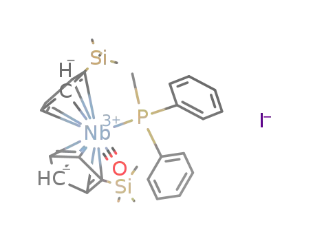 Molecular Structure of 880870-90-6 ([Nb(η5-C5H4SiMe3)2(PMePh2)(CO)]I)