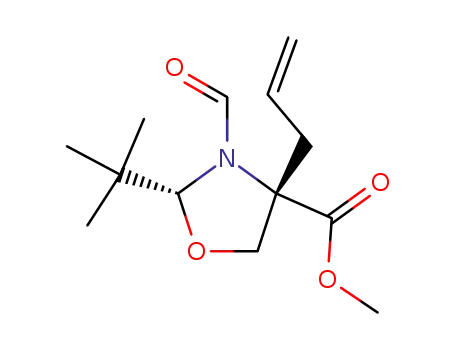 Molecular Structure of 93250-96-5 (4-Oxazolidinecarboxylic acid,
2-(1,1-dimethylethyl)-3-formyl-4-(2-propenyl)-, methyl ester, (2R,4S)-)