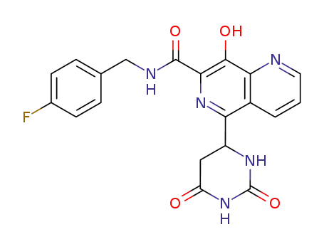 Molecular Structure of 410544-69-3 (N-(4-fluorobenzyl)-5-(2,6-dioxohexahydropyrimidin-4-yl)-8-hydroxy-[1,6]naphthyridine-7-carboxamide)