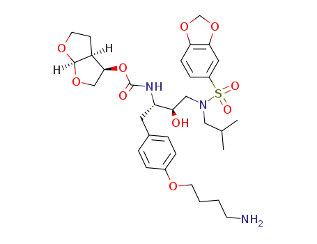 Molecular Structure of 313680-05-6 ((3R,3aS,6aR)-hexahydrofuro[2,3-b]furan-3-yl (1S,2R)-1-[4-(4-aminobutoxy)benzyl]-3-[(1,3-benzodioxol-5-ylsulfonyl)(isobutyl) amino]-2-hydroxypropylcarbamate)