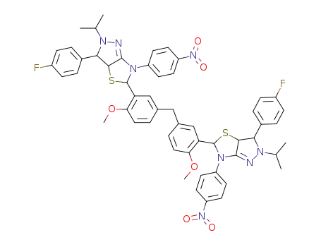 Molecular Structure of 1184912-91-1 (bis-[4-methoxy-3-[3-(4-fluorophenyl)-2-isopropyl-6-(4-nitrophenyl)-3,3a,5,6-tetrahydro-2H-pyrazolo[3,4-d][1,3]thiazol-5-yl]phenyl]methane)