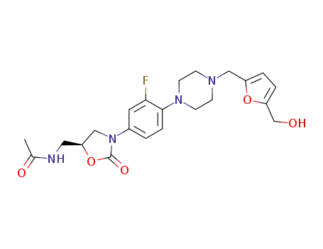 Molecular Structure of 548762-76-1 (<i>N</i>-(3-{3-fluoro-4-[4-(5-hydroxymethyl-furan-2-ylmethyl)-piperazin-1-yl]-phenyl}-2-oxo-oxazolidin-5-ylmethyl)-acetamide)