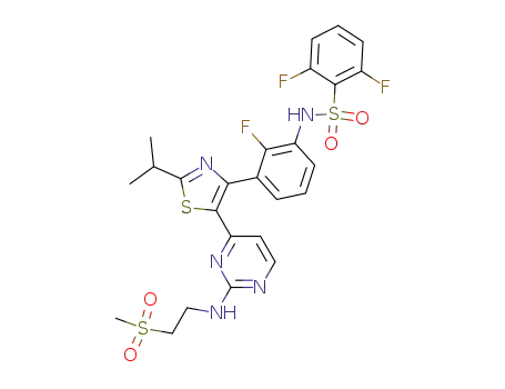 Molecular Structure of 1195764-77-2 (2,6-Difluoro-N-{2-fluoro-3-[2-(1-methylethyl)-5-(2-{[2-(methylsulfonyl)ethyl]amino}-4-pyrimidinyl)-1,3-thiazol-4-yl]phenyl}benzenesulfonamide)