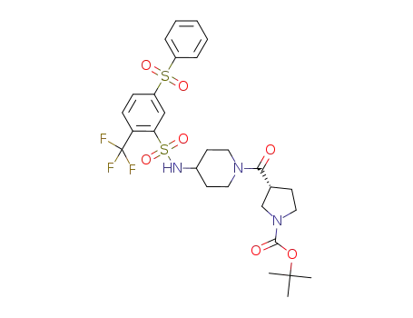 Molecular Structure of 915763-12-1 (tert-butyl (3R)-3-([4-(([5-(phenylsulfonyl)-2-(trifluoromethyl)phenyl]sulfonyl)amino)piperidin-1-yl]carbonyl)pyrrolidine-1-carboxylate)