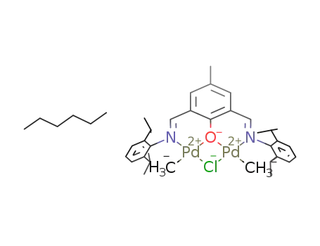 Molecular Structure of 1156486-95-1 ([Pd<sub>2</sub>(/mu.-Cl)Me<sub>2</sub>(2,6-di((2,6-diisopropylphenyl)iminomethyl)-4-methylphenolate)]*hexane)