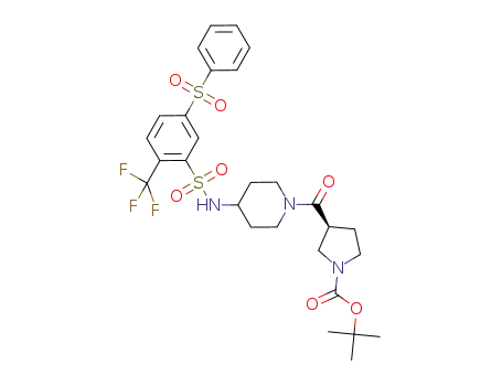 Molecular Structure of 915763-13-2 (tert-butyl (3S)-3-([4-(([5-(phenylsulfonyl)-2-(trifluoromethyl)phenyl]sulfonyl)amino)piperidin-1-yl]carbonyl)pyrrolidine-1-carboxylate)