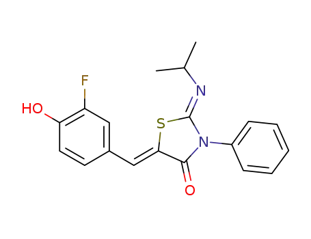 Molecular Structure of 1228117-11-0 ((Z,Z)-5-(3-fluoro-4-hydroxybenzylidene)-2-isopropylimino-3-phenyl-thiazolidin-4-one)