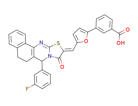 Molecular Structure of 667914-06-9 (3-{5-[(7-(3-fluorophenyl)-9-oxo-5,7-dihydro-6H-benzo[h][1,3]thiazolo[2,3-b]quinazolin-10(9H)-ylidene)methyl]-2-furyl}benzoic acid)