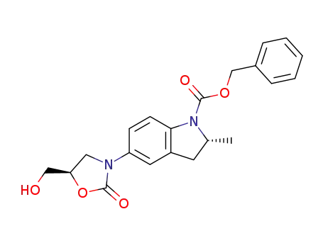1H-Indole-1-carboxylic acid,
2,3-dihydro-5-[(5R)-5-(hydroxymethyl)-2-oxo-3-oxazolidinyl]-2-methyl-,
phenylmethyl ester, (2R)-