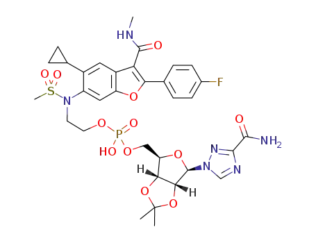 phosphoric acid ((3aR,4R,6R,6aR)-6-(3-carbamoyl-[1,2,4]-triazol-1-yl)-2,2-dimethyl-tetrahydro-furo[3,4-d][1,3]dioxol-4-ylmethyl) ester 2-{[5-cyclopropyl-2-(4-fluorophenyl)-3-methylcarbamoylbenzofuran-6-yl]methanesulfonylamino}ethyl ester