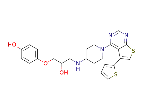 Molecular Structure of 1041190-32-2 (4-(2-hydroxy-3-(1-(5-(thiophen-2-yl)thieno[2,3-d]pyrimidin-4-yl)piperidin-4-ylamino)propoxy)phenol)