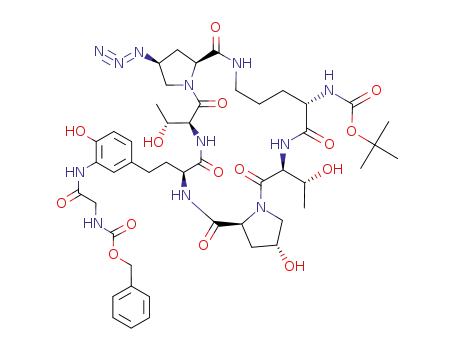 Molecular Structure of 551929-86-3 ([26-azido-6-{2-[3-(2-benzyloxycarbonylamino-acetylamino)-4-hydroxy-phenyl]-ethyl}-11-hydroxy-3,15-bis-(1-hydroxy-ethyl)-2,5,8,14,17,23-hexaoxo-1,4,7,13,16,22-hexaaza-tricyclo[22.3.0.0<sup>9,13</sup>]heptacos-18-yl]-carbamic acid <i>tert</i>-butyl ester)