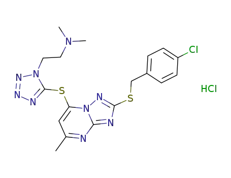 Molecular Structure of 2247544-02-9 (2-(5-((2-((4-chlorobenzyl)thio)-5-methyl[1,2,4]triazolo[1,5-a]pyrimidin-7-yl)thio)-1H-tetrazol-1-yl)-N,N-dimethylethan-1-amine hydrochloride)
