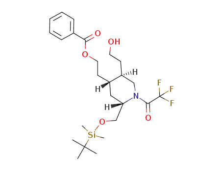 2-((2S,4R,5R)-2-((tert-butyldimethylsilyloxy)methyl)-5-(2-hydroxyethyl)-1-(2,2,2-trifluoroacetyl)piperidin-4-yl)ethyl benzoate