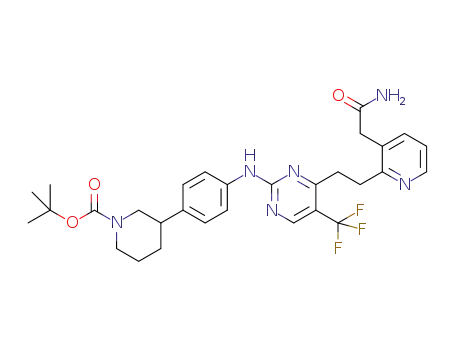 Molecular Structure of 1393901-86-4 (tert-butyl 3-(4-((4-(2-(3-(2-amino-2-oxoethyl)pyridin-2-yl)ethyl)-5-(trifluoromethyl)pyrimidin-2-yl)amino)phenyl)piperidine-1-carboxylate)