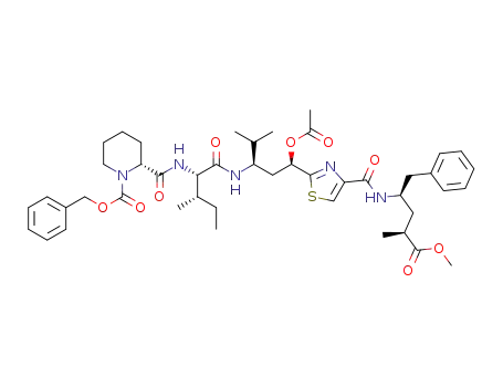 Molecular Structure of 1423040-36-1 ((R)-benzyl 2-((2S,3S)-1-((1R,3R)-1-acetoxy-1-(4-((2R,4S)-5-methoxy-4-methyl-5-oxo-1-phenylpentan-2-ylcarbamoyl)thiazol-2-yl)-4-methylpentan-3-ylamino)-3-methyl-1-oxopentan-2-ylcarbamoyl)piperidine-1-carboxylate)