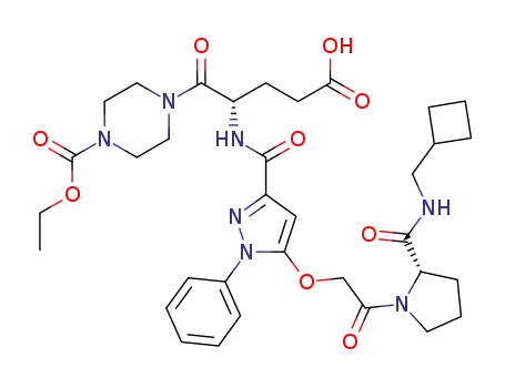 Molecular Structure of 1163790-88-2 (4-{(S)-4-carboxy-2-[(5-{2-[(S)-2-(cyclobutylmethyl-carbamoyl)-pyrrolidin-1-yl]-2-oxo-ethoxy}-1-phenyl-1H-pyrazole-3-carbonyl)-amino]-butyryl}-piperazine-1-carboxylic acid ethyl ester)