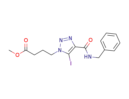 Molecular Structure of 1418018-21-9 (methyl 4-(4-benzylcarbamoyl-5-iodo-1H-[1,2,3]triazol-1-yl)butanoate)