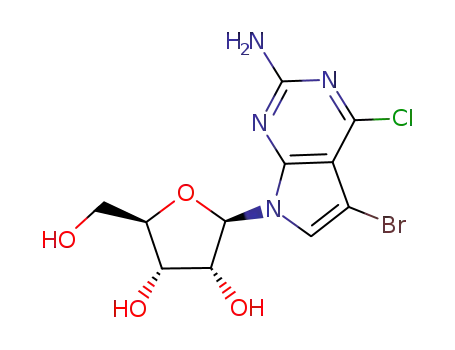Molecular Structure of 873792-93-9 (5-BROMO-4-CHLORO-7-SS-D-RIBOFURANOSYL-7H-PYRROLO[2,3-D]PYRIMIDIN-2-AMINE)