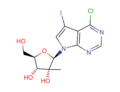 Molecular Structure of 847551-48-8 (4-Chloro-5-iodo-7-(2-C-methyl-beta-D-ribofuranosyl)-7H-pyrrolo[2,3-d]pyrimidine)