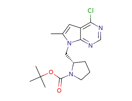 Molecular Structure of 1414357-44-0 ((S)-tert-butyl 2-((4-chloro-6-methyl-7H-pyrrolo[2,3-d]pyrimidin-7-yl)methyl)pyrrolidine-1-carboxylate)