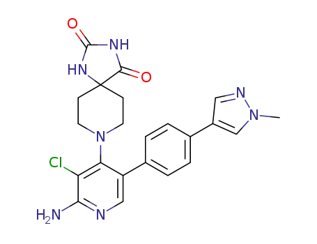 Molecular Structure of 1607837-08-0 (8-{2-amino-3-chloro-5-[4-(1-methyl-1H-pyrazol-4-yl)phenyl]pyridin-4-yl}-1,3,8-triazaspiro[4.5]decane-2,4-dione)