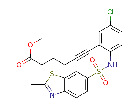 Molecular Structure of 927963-17-5 (5-Hexynoic acid,
6-[5-chloro-2-[[(2-methyl-6-benzothiazolyl)sulfonyl]amino]phenyl]-, methyl
ester)
