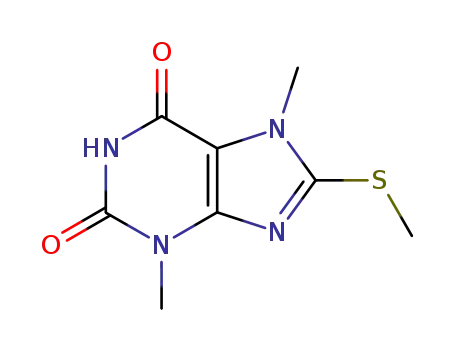 Molecular Structure of 40959-23-7 (3,7-dimethyl-8-methylsulfanyl-purine-2,6-dione)
