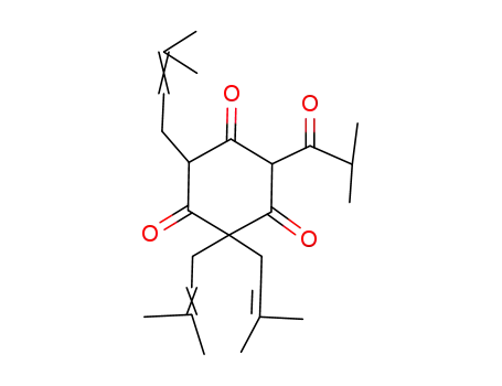 Molecular Structure of 3167-35-9 (1,3,5-Cyclohexanetrione,
2,2,4-tris(3-methyl-2-butenyl)-6-(2-methyl-1-oxopropyl)-)
