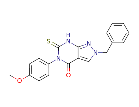 Molecular Structure of 136993-35-6 (4H-Pyrazolo[3,4-d]pyrimidin-4-one,
2,5,6,7-tetrahydro-5-(4-methoxyphenyl)-2-(phenylmethyl)-6-thioxo-)